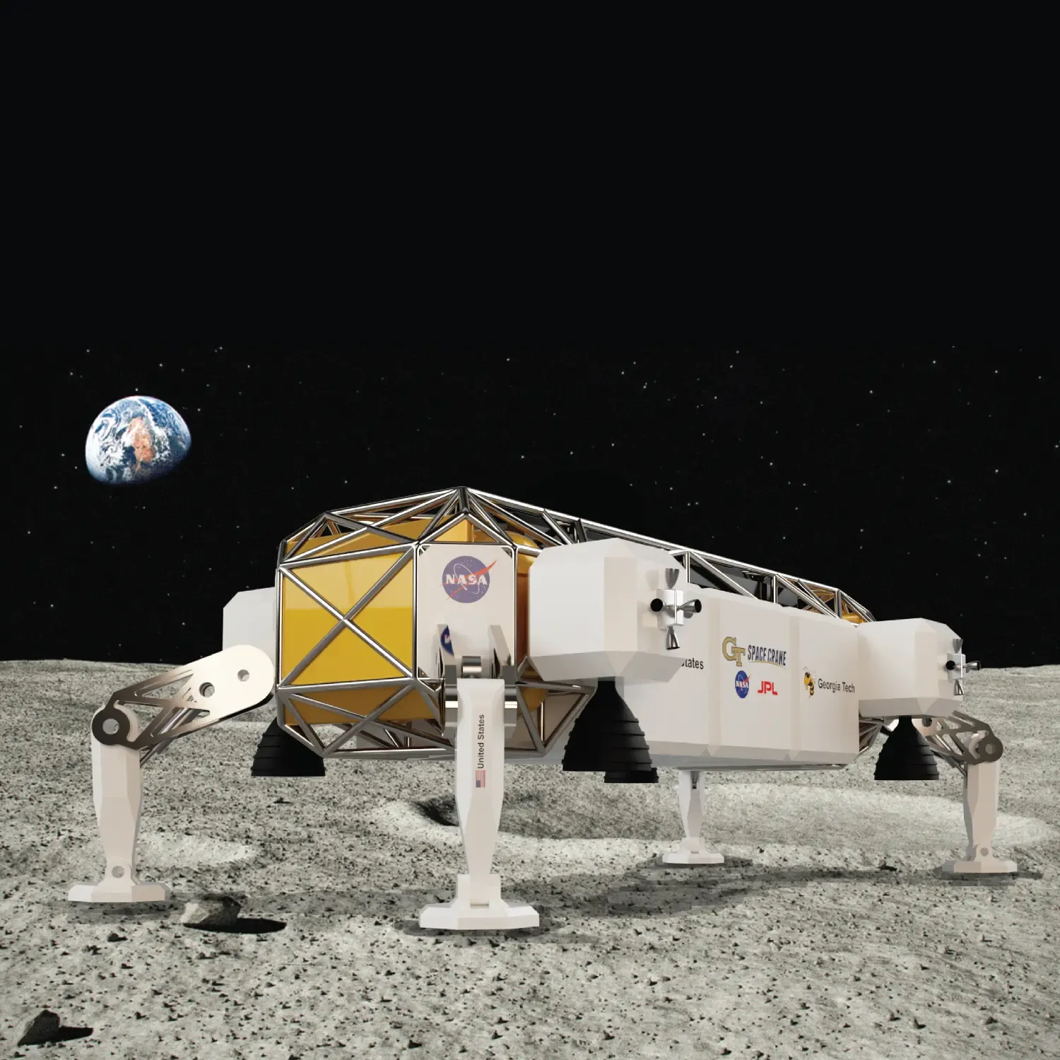 Space crane lunar lander concept render.