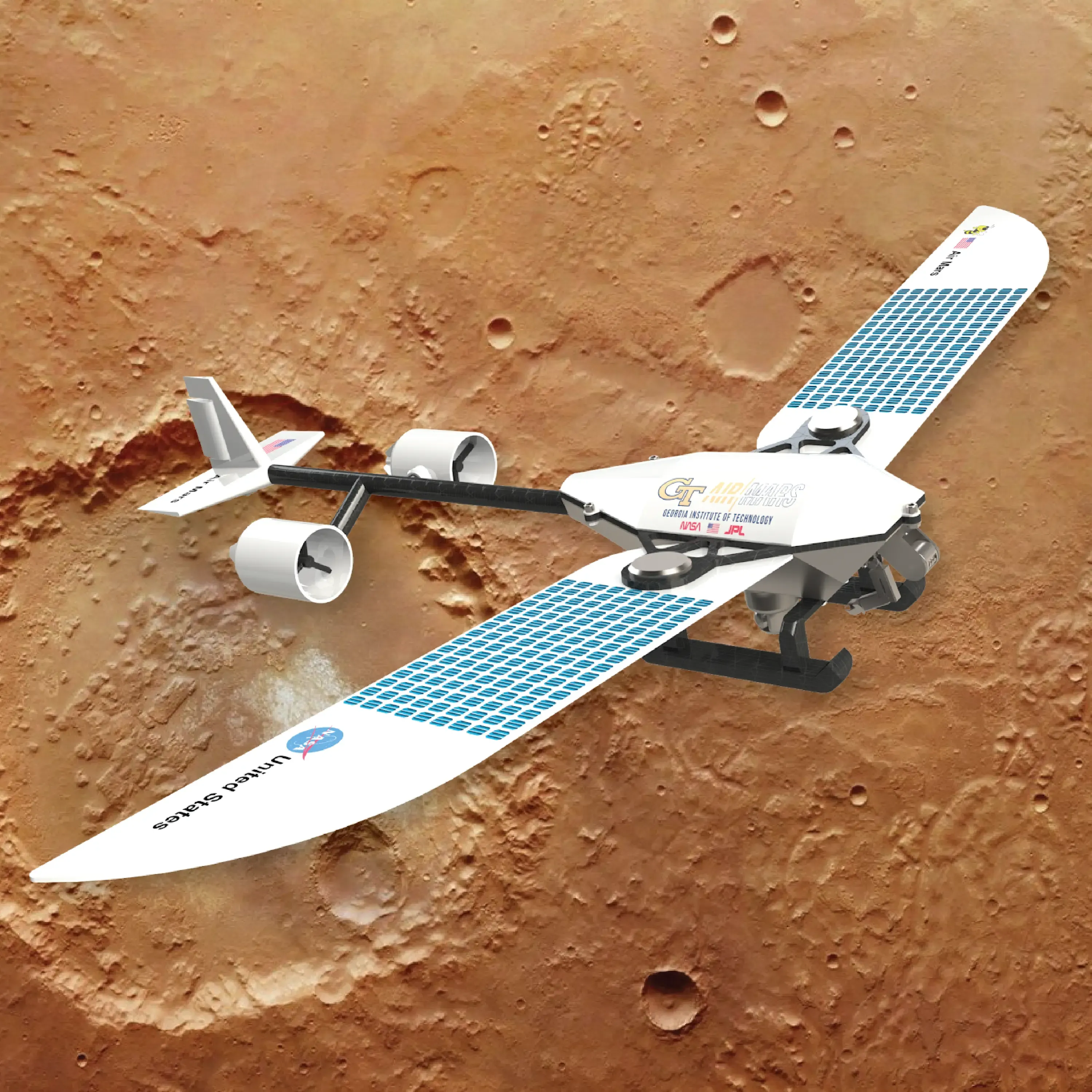 A picture of a fixed wing drone on Mars.
