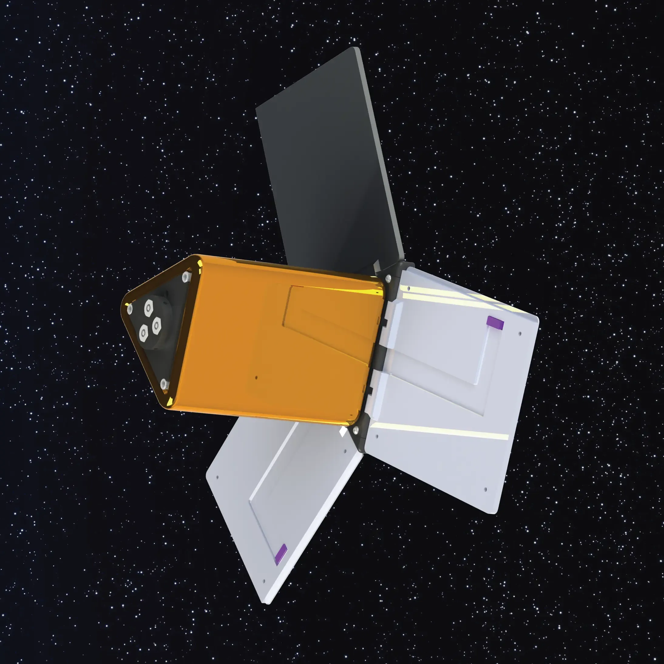 A 3D render of a small satellite in space.