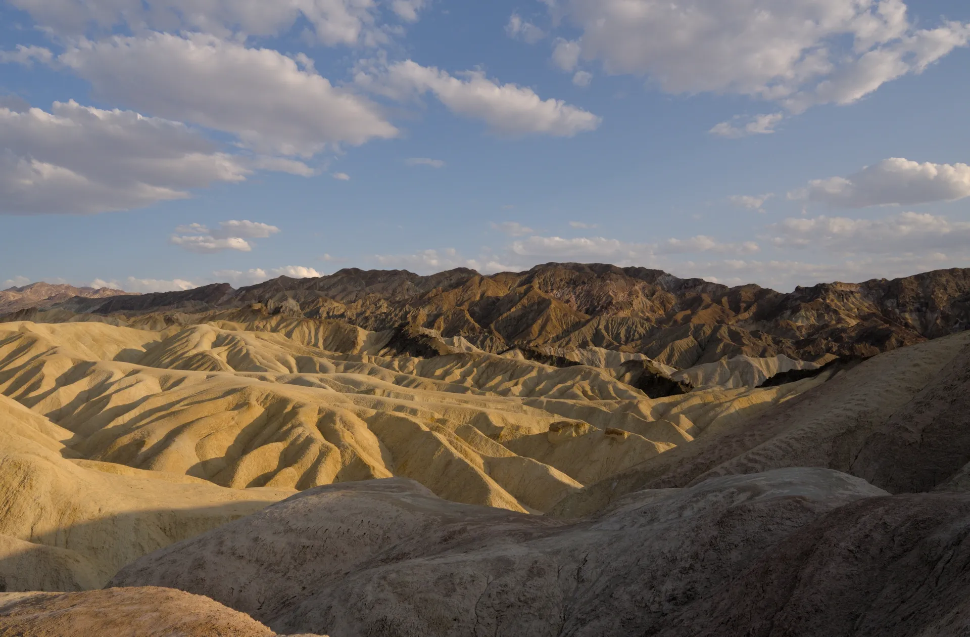 Wide view of the badlands at Zabriskie Point.