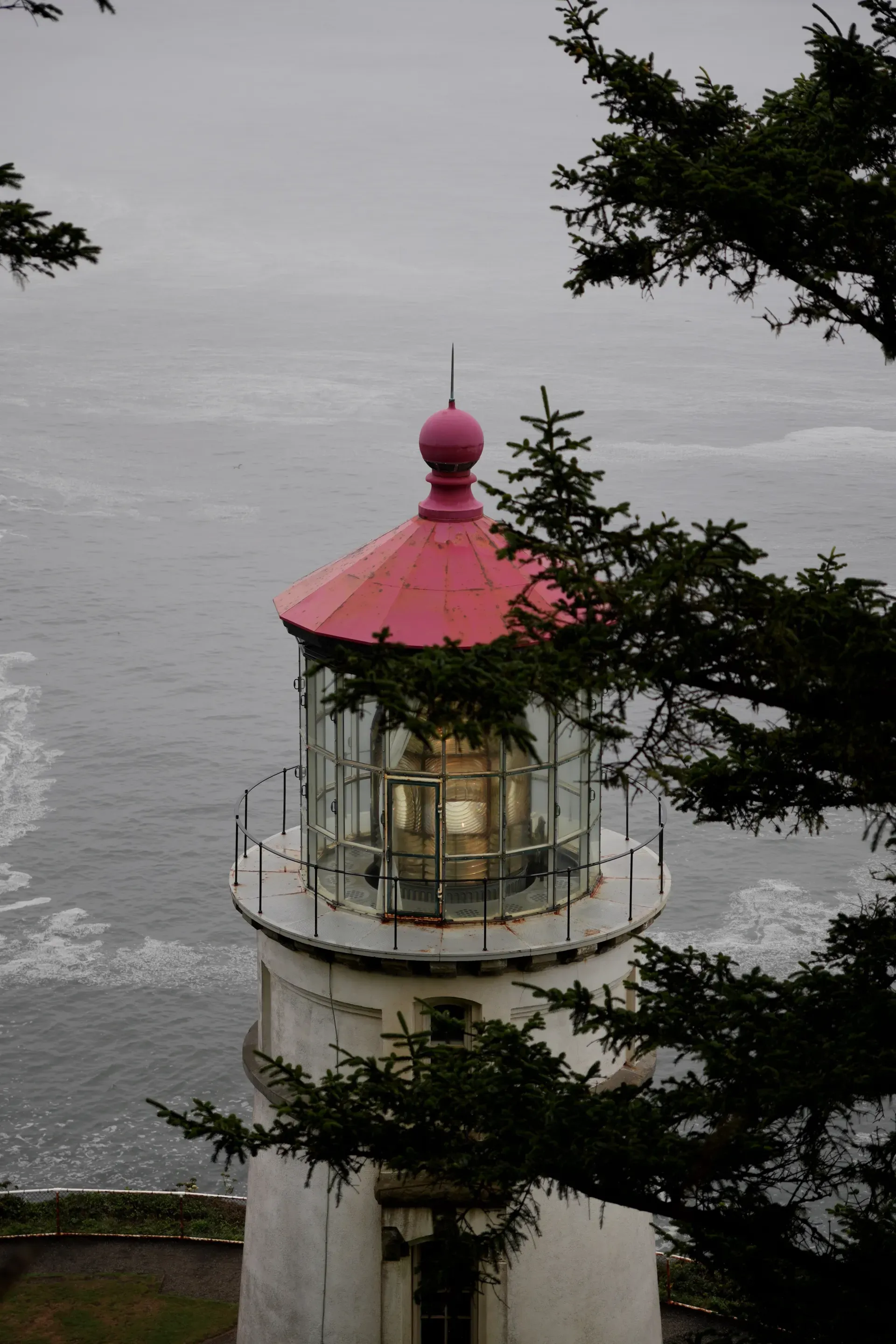 Red dome of Heceta Head Lighthouse.