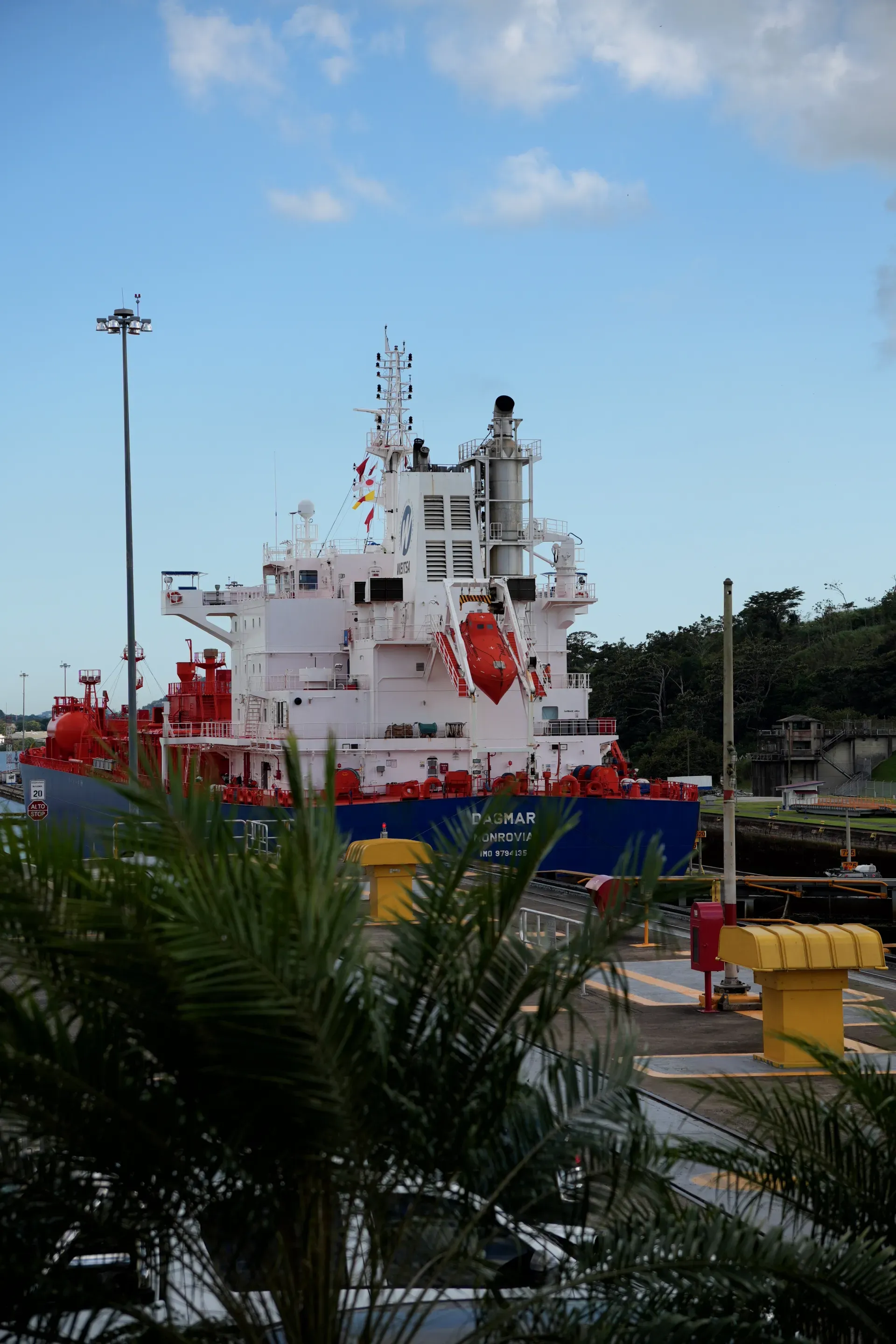 A cargo ship in the Miraflores Locks.