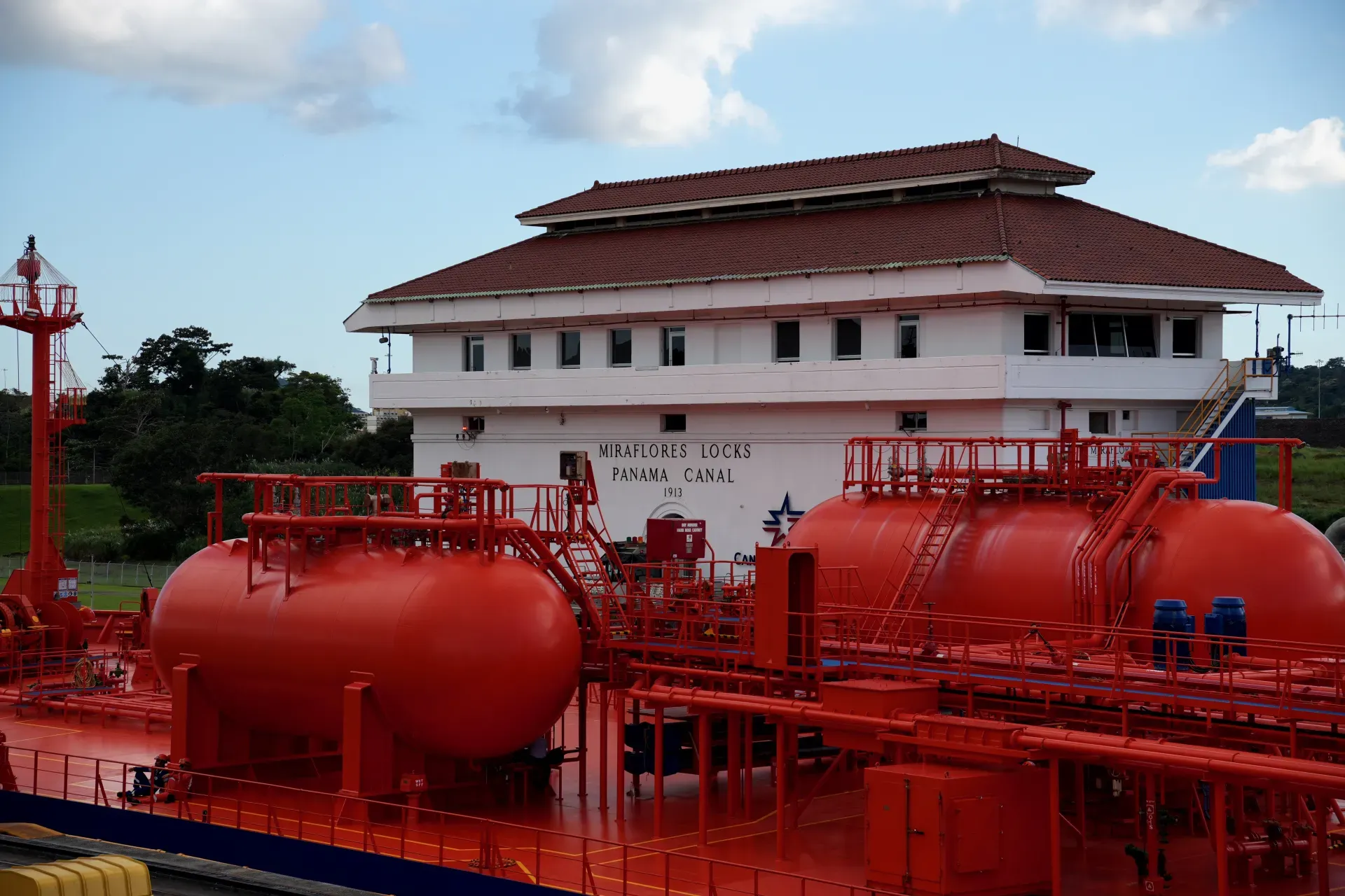 A red tanker at Miraflores Locks.