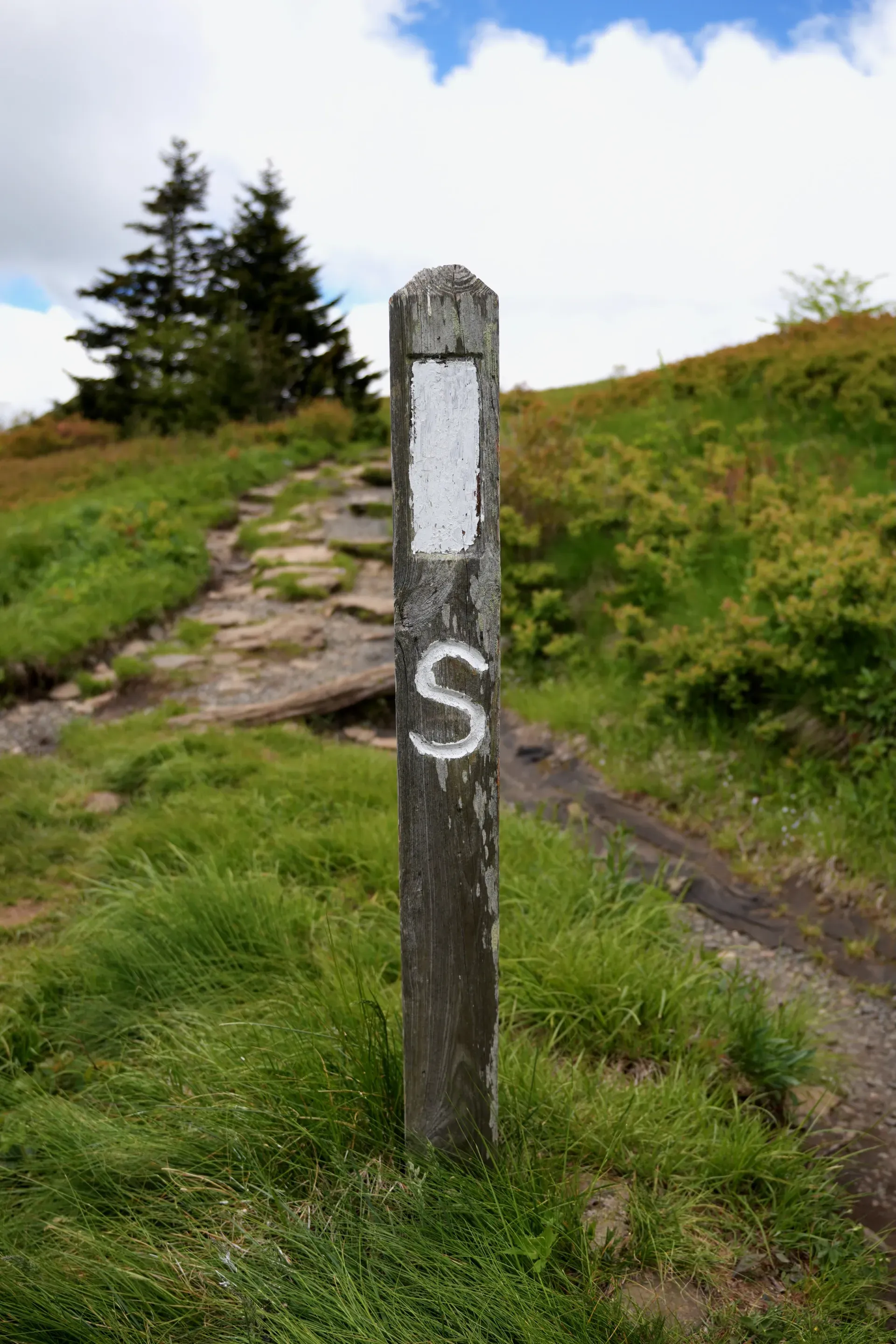 An Appalachian Trail wooden marker.